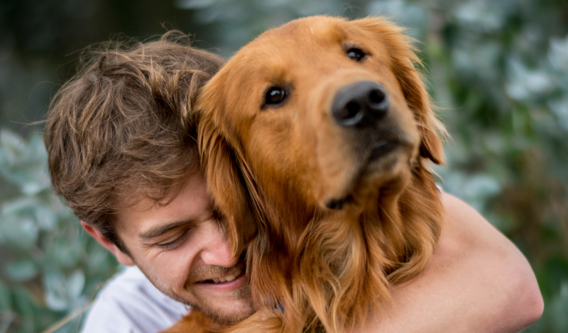Zeolith für Hunde bei Durchfall und Juckreiz - Mann umarmt seinen Retriever.