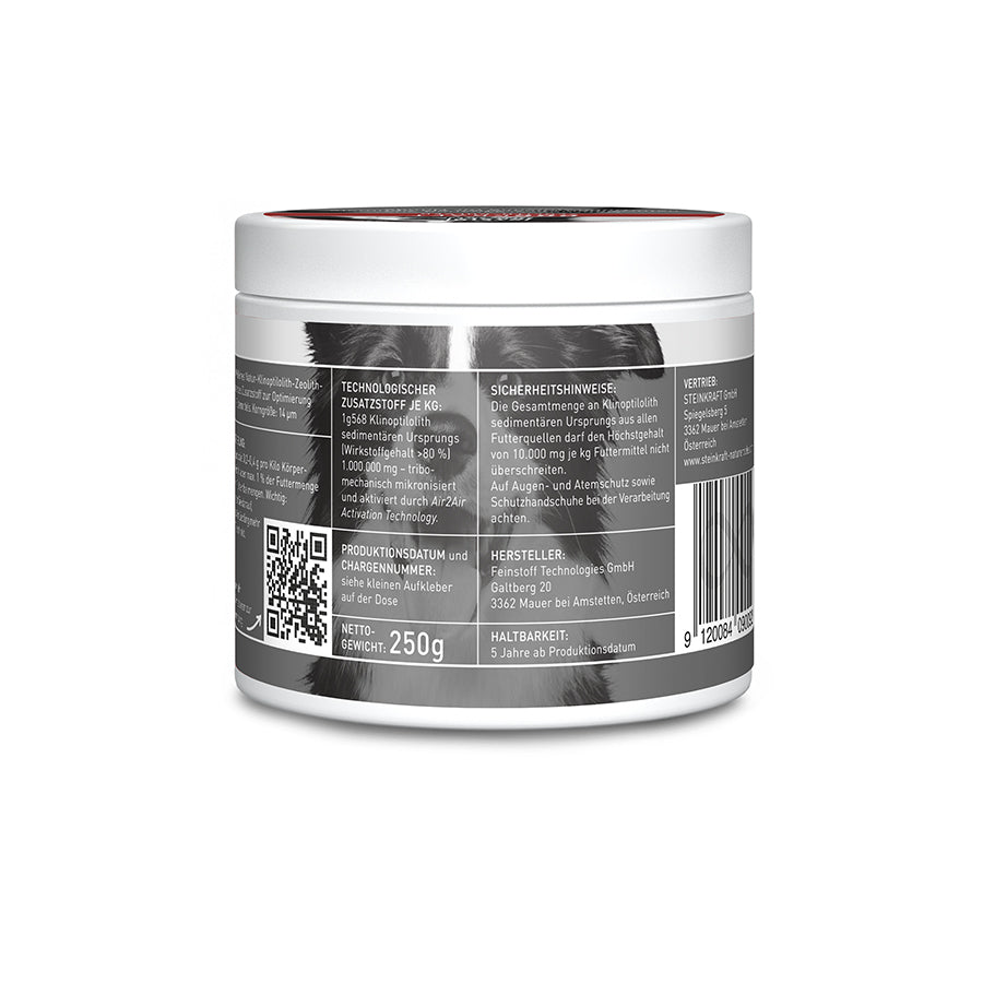 STEINKRAFT DOGKRAFT Zeolith für Hunde 250g Rückseite des Produkts mit QR Code kaufen