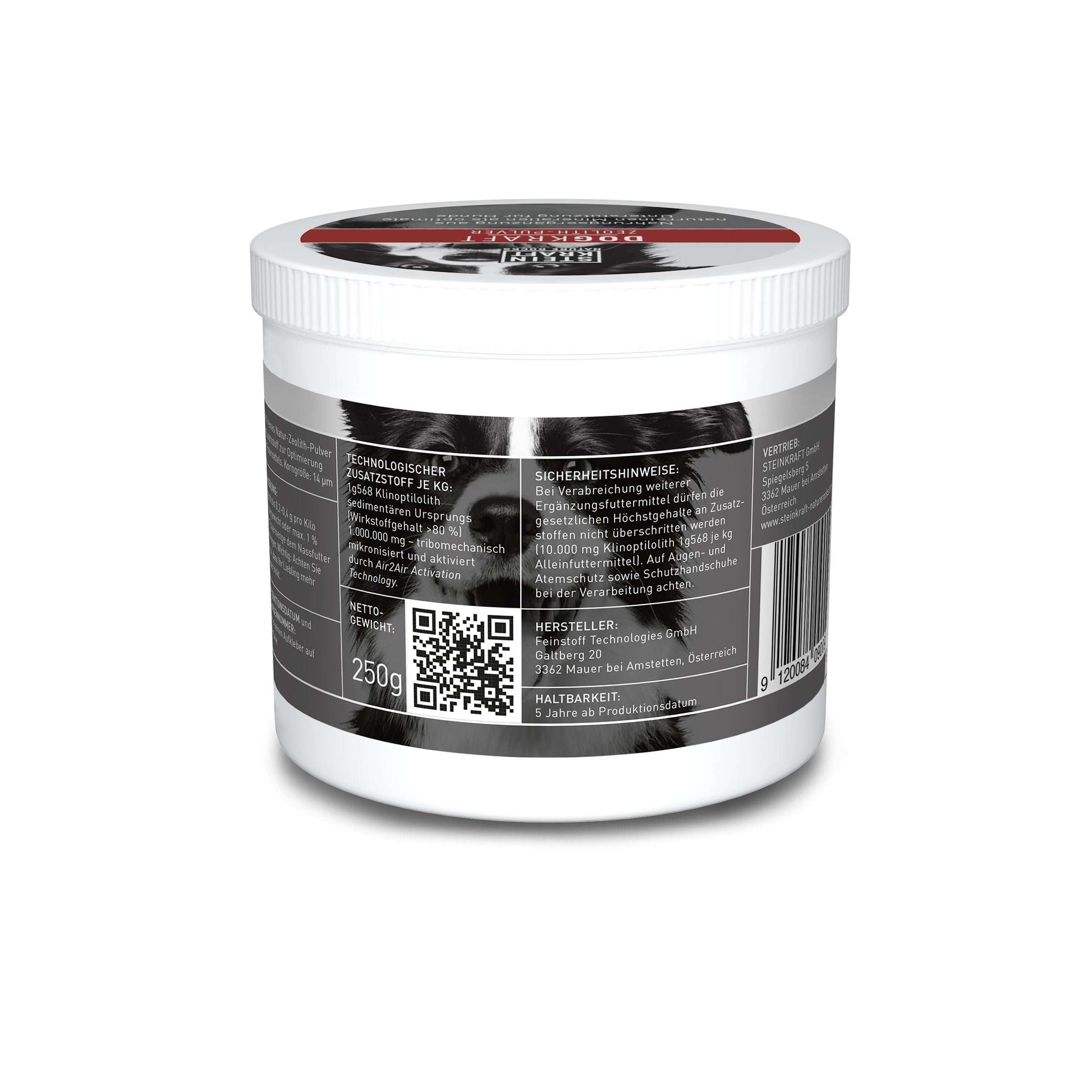 STEINKRAFT DOGKRAFT Zeolith für Hunde 250g Rückseite des Produkts mit QR Code