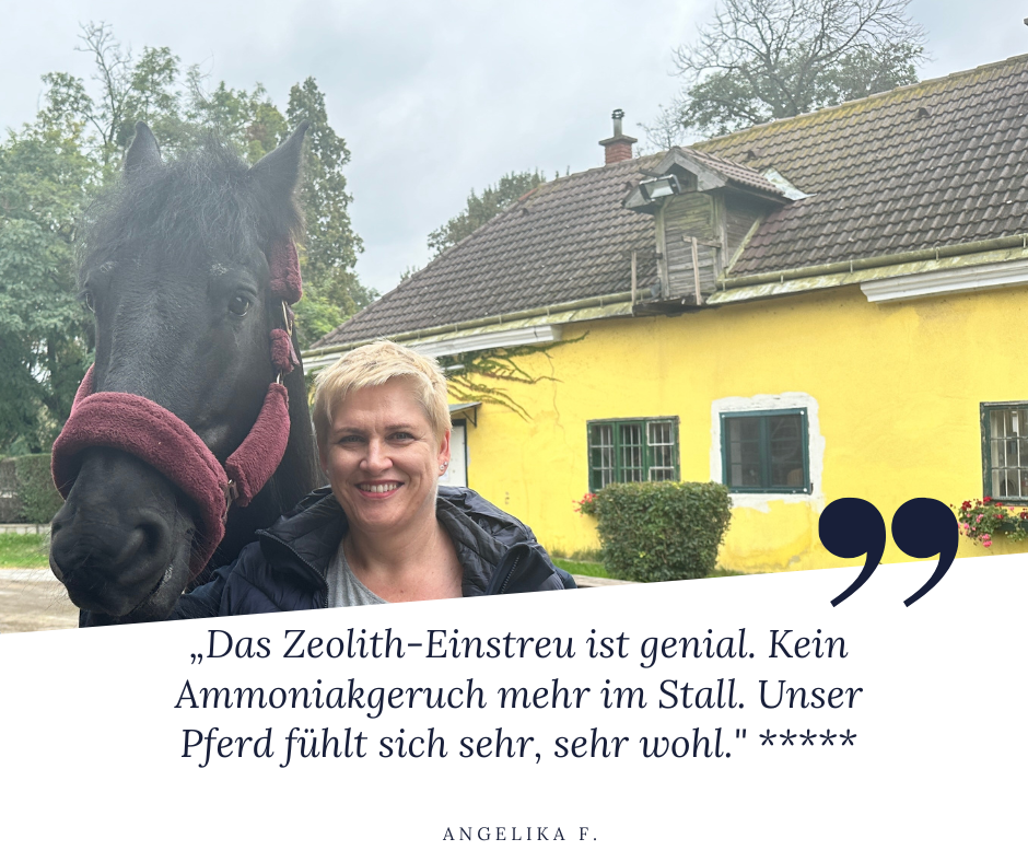 Zeolith-Einstreu für Pferde - Angelika F. sagt: "Das Zeolith-Einstreu ist genial. Kein Ammoniakgeruch mehr im Stall. Unser Pferd fühlt sich sehr, sehr wohl" und gibt dem Steinkraft Produkt 5 Sterne.