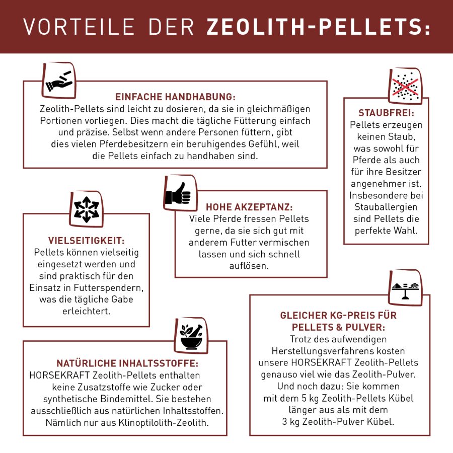 STEINKRAFT Zeolith Pellets für Pferde: Vorteile der Pellets sind: Staubfrei, Pferde fressen sie gerne, einfache Handhabung, natürliche Inhaltsstoffe, 5 kg Inhalt hilft bei Kotwasser und Ekzemen.