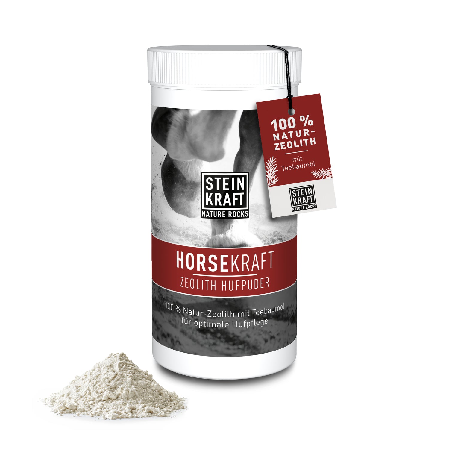 STEINKRAFT Zeolith HORSEKRAFT Natur-Zeolith Huf-Puder für Pferde gegen Strahlfäule mit Teebaumöl Streu-Runddose 100g