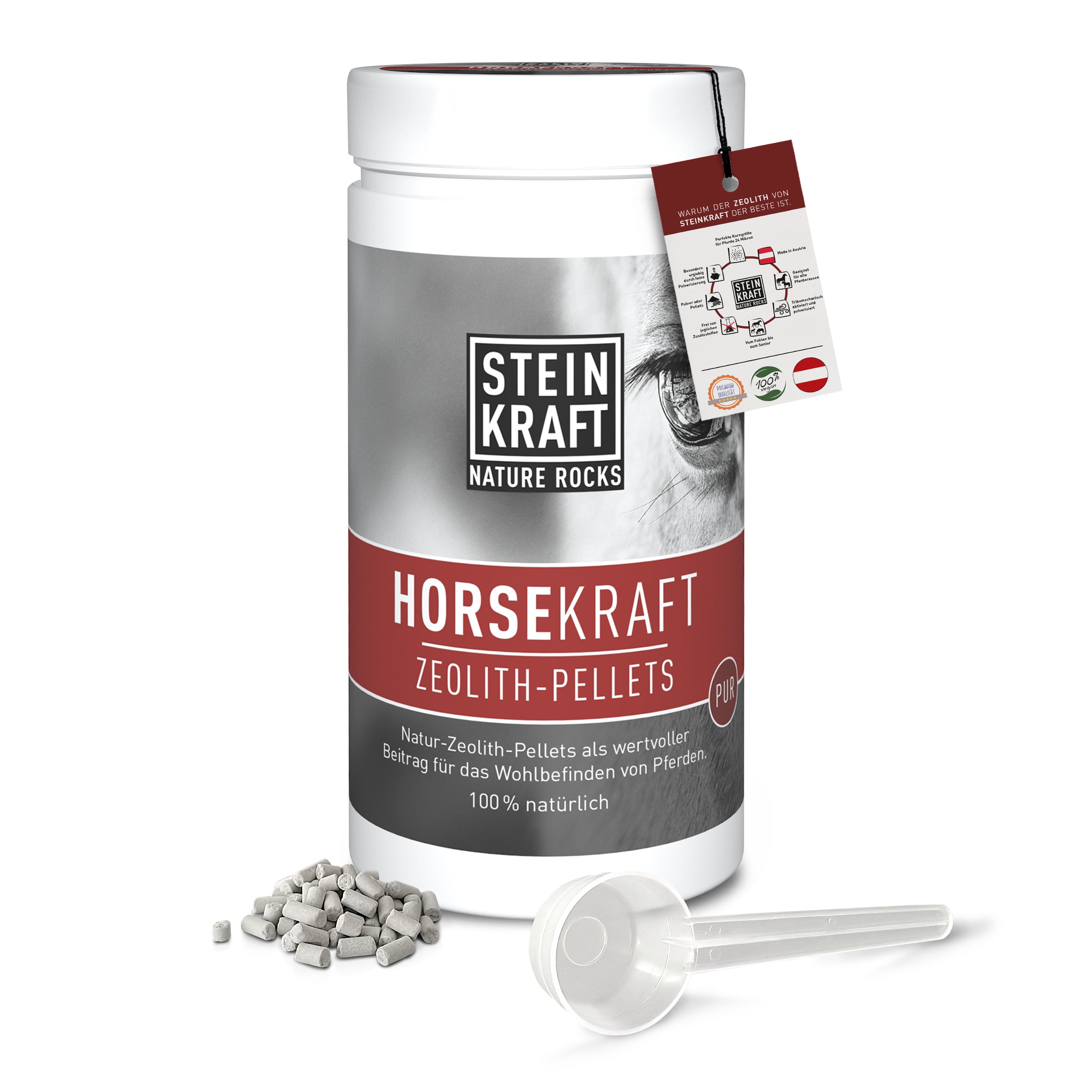 STEINKRAFT HORSEKRAFT Zeolith Pellets für Pferde Dose 1,4kg plus Dosieröffel hilft bei Kotwasser und Ekzeme.