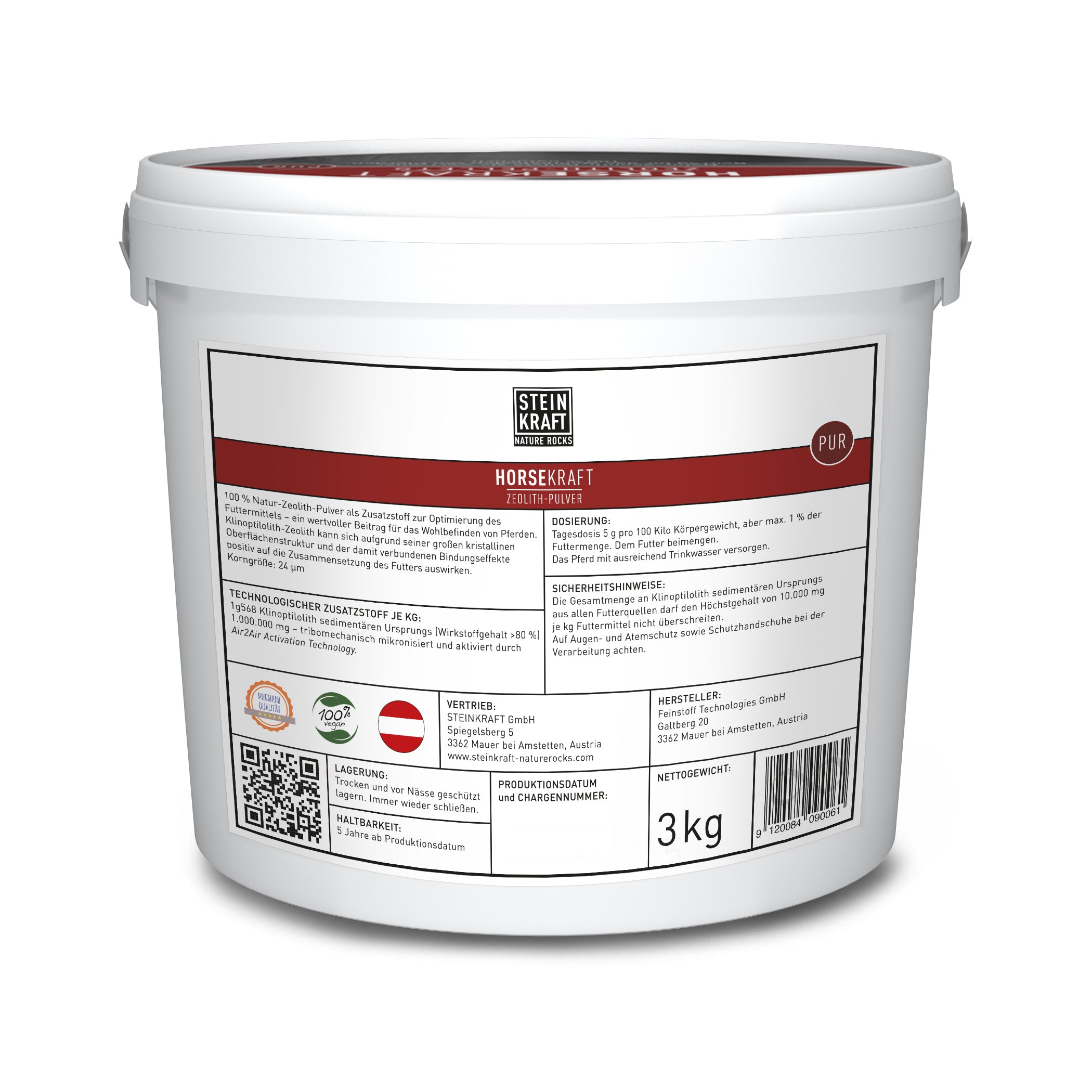 STEINKRAFT Zeolith für Pferde 3 kg Kübel Rückseite hilft bei Kotwasser und Ekzeme.