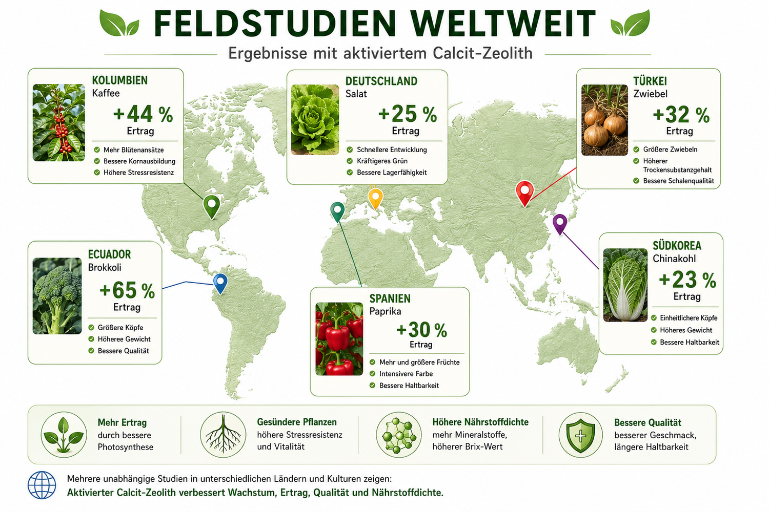 Aktivierter Calcit mit Zeolith als Blattdünger — Feldstudien und Ergebnisse aus vier Kontinenten