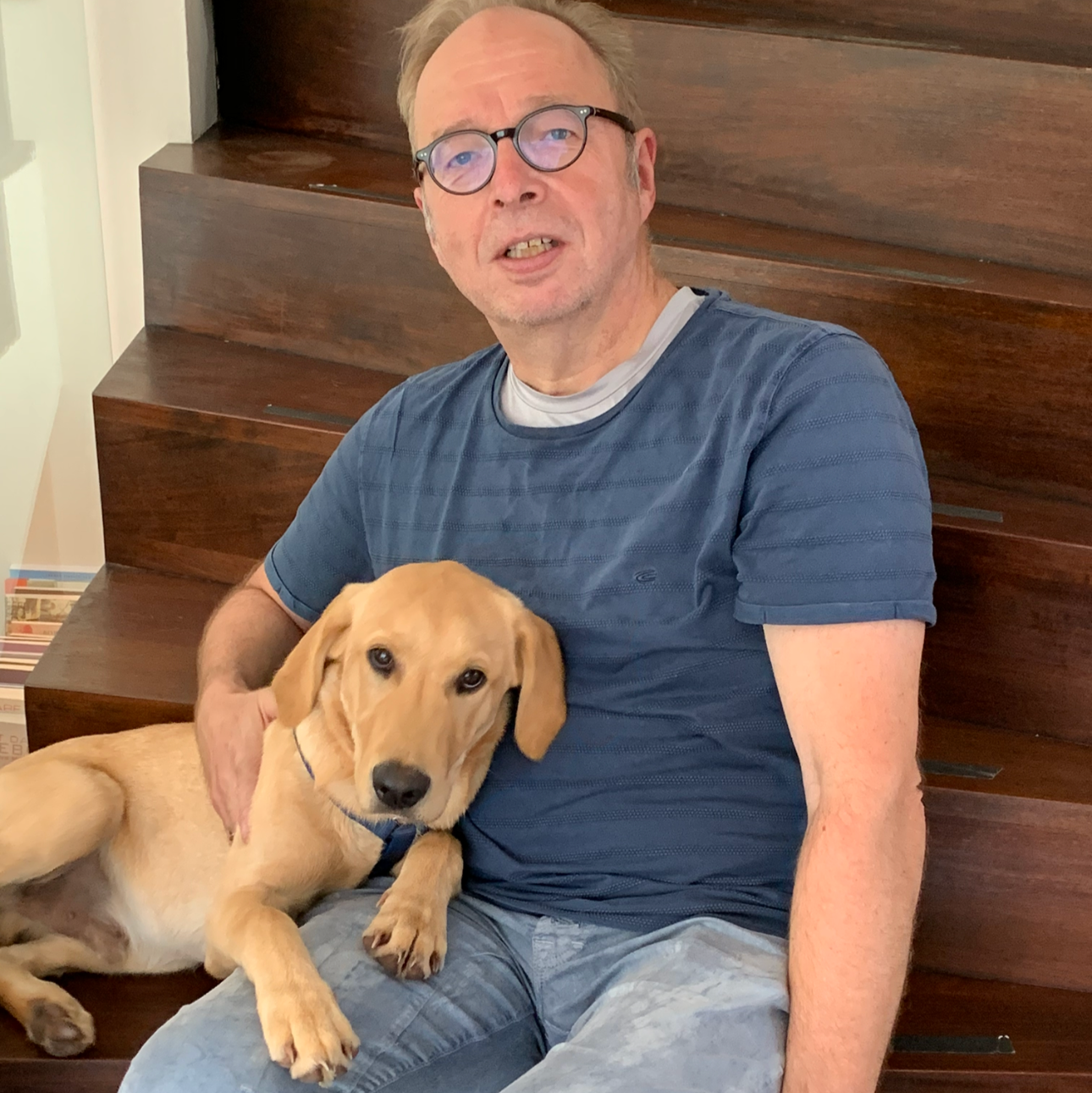 Labrador Retriever kuschelt mit seinem Herrchen und bekommt Zeolith ins Hundefutter dazu