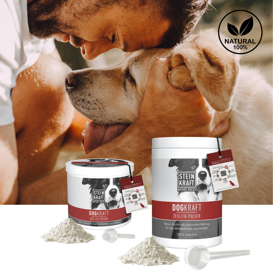 STEINKRAFT DOGKRAFT Zeolith für Hunde 250g und 450g mit Dosierlöffel - im Hintergrund Mann krault Hundeohren