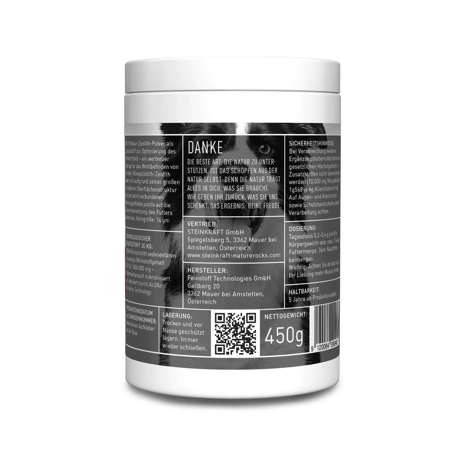 STEINKRAFT Zeolith für Hunde 450g - Rückseite Premiumprodukt