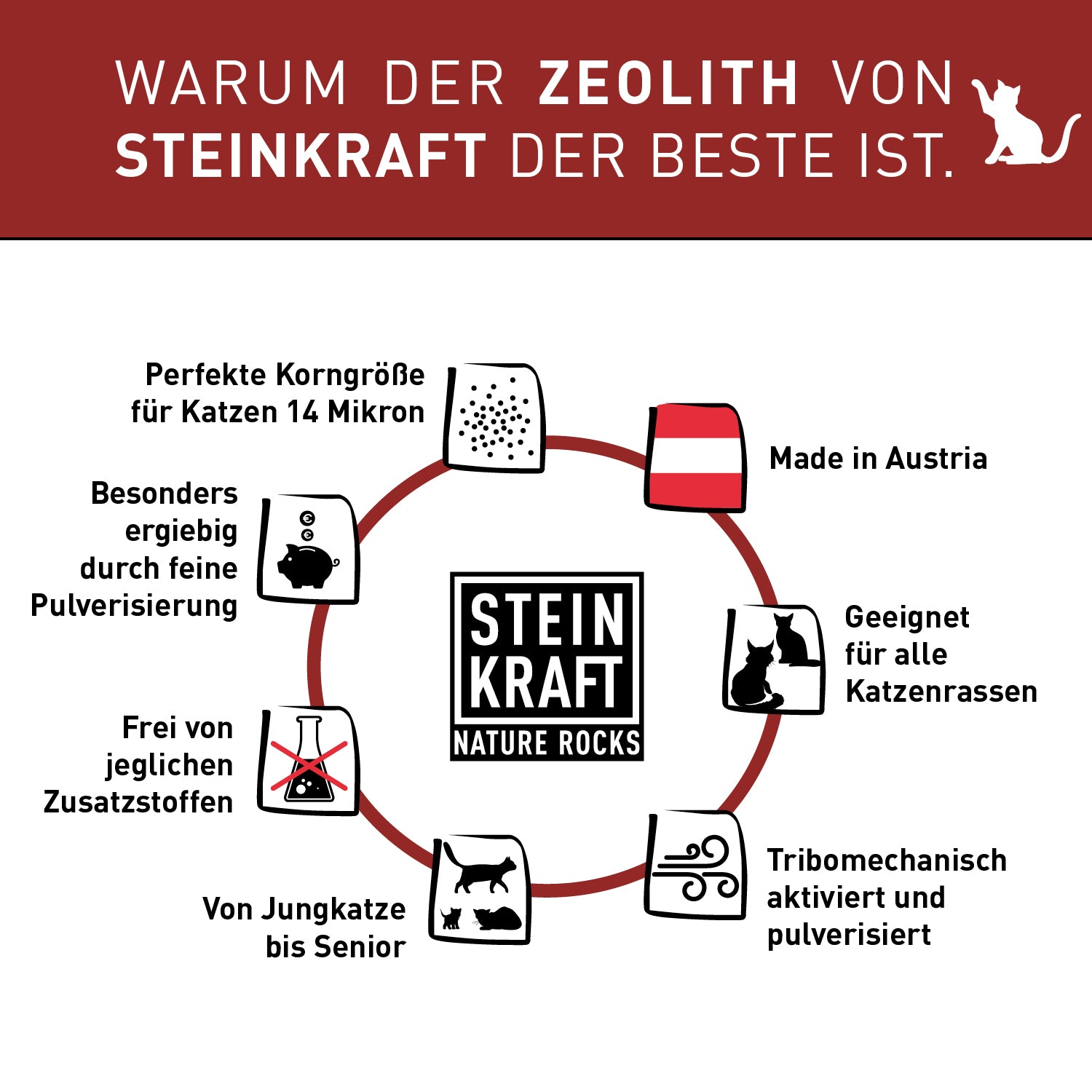 STEINKRAFT Zeolith für Katzen:  Premiumprodukt Produktkriterien - made in Austria, geeignet für alle Katzenrassen, von Jungkatze bis Senior, perfekte Korngröße 14Mikron, tribomechanisch aktiviert