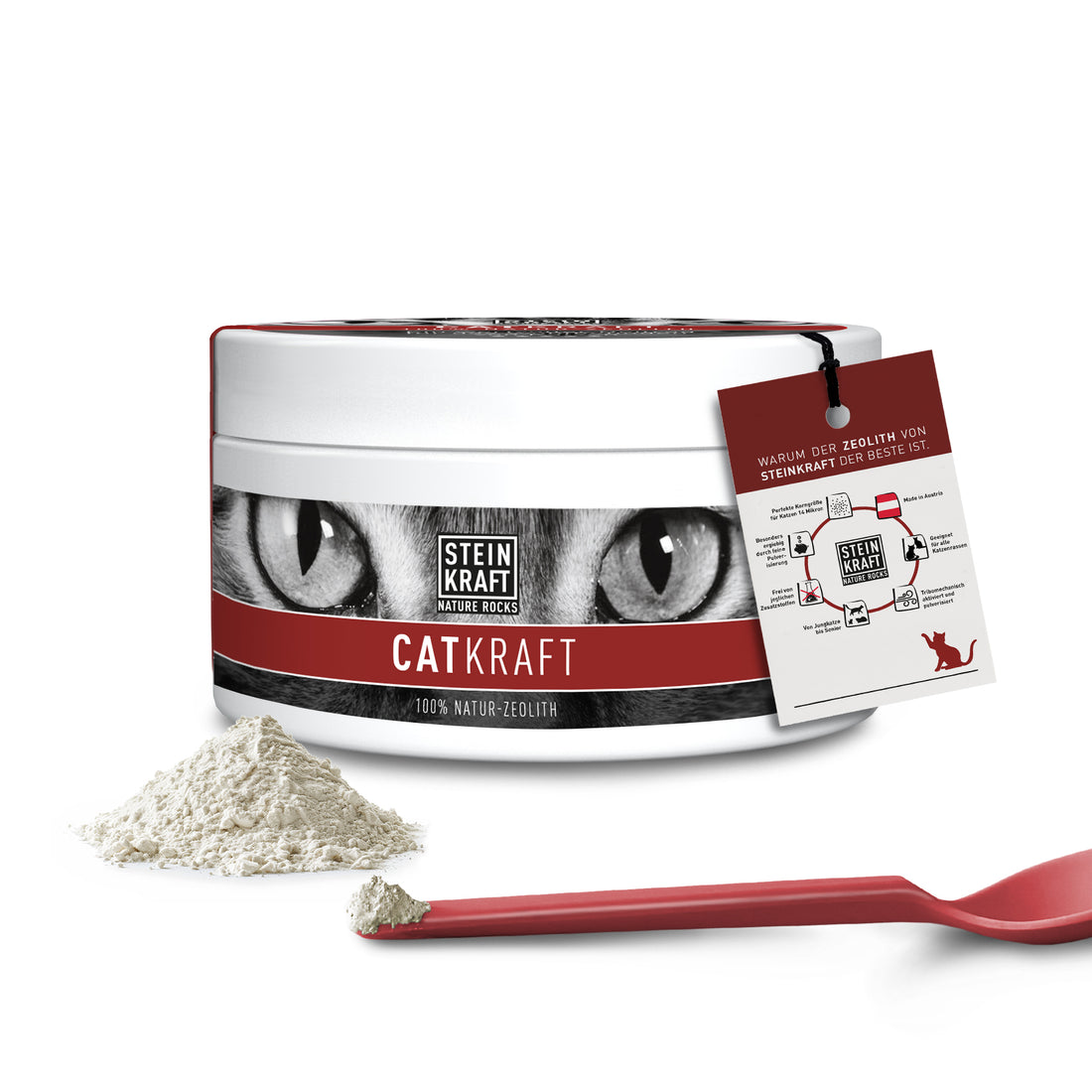 STEINKRAFT Zeolith für Katzen 50g Produktabbildung Vorderseite mit Anzeigen der Menge einer Messerspitze und einem Kärtchen mit allen Produktvorteilen