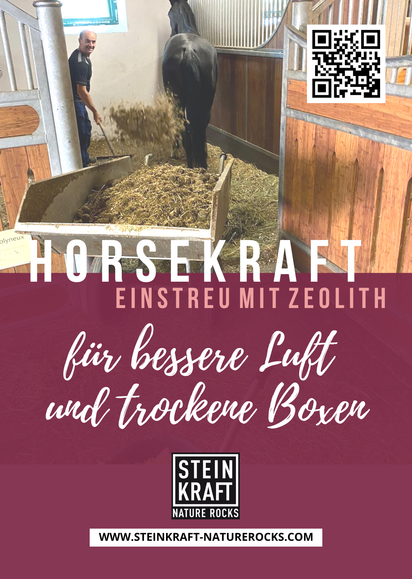 STEINKRAFT Zeolith Einstreu für Pferde für bessere Luft und trockene Boxen mit QR-Code