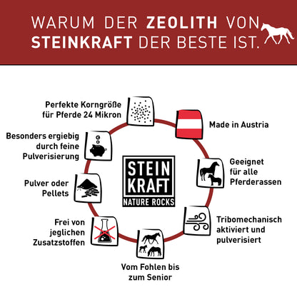 STEINKRAFT Zeolith für Pferde: Warum der Zeolith von STEINKRAFT der Beste ist: geeignet für alle Pferderassen, Pulver und Pellets, perfekte Korngröße 24 Mikron.