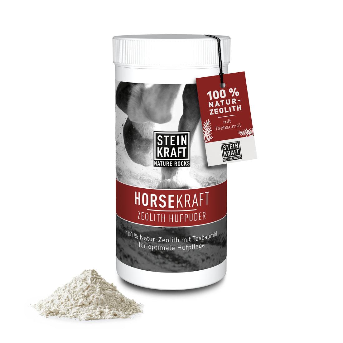 STEINKRAFT Zeolith HORSEKRAFT Natur-Zeolith Huf-Puder für Pferde gegen Strahlfäule mit Teebaumöl Streu-Runddose 100g