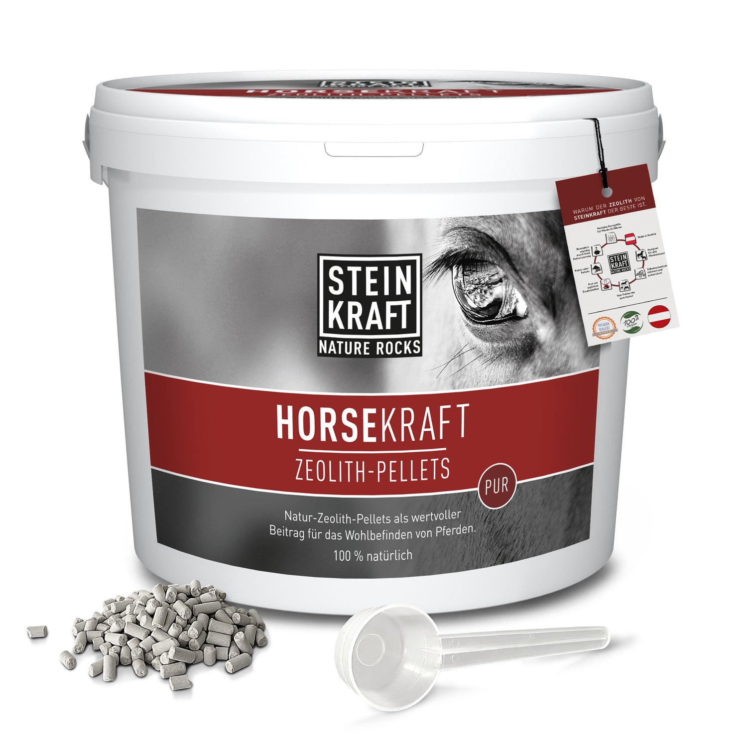 STEINKRAFT Zeolith - HORSEKRAFT Zeolith Pellets PUR für Pferde Kübel 5kg mit Dosierlöffel