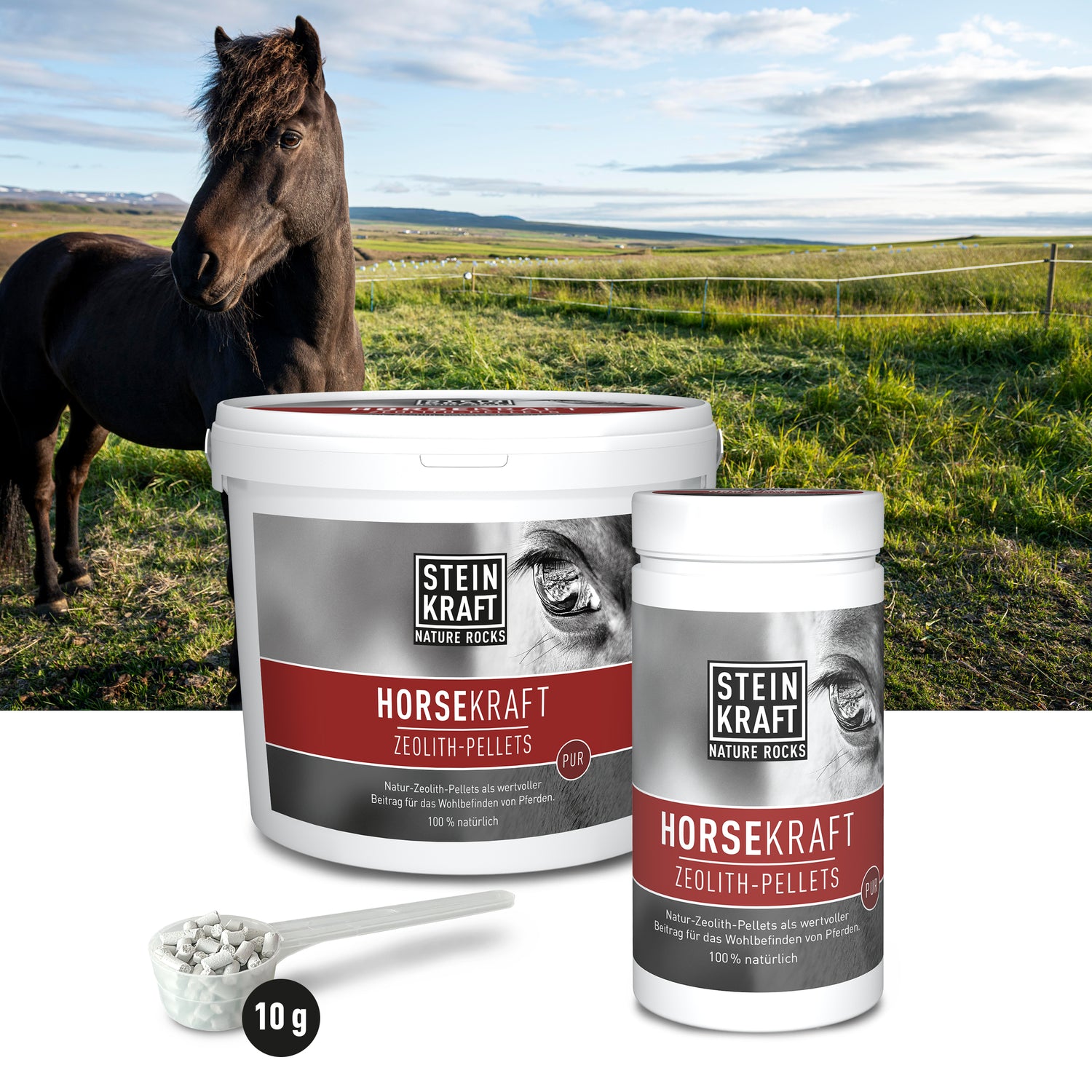 STEINKRAFT Zeolith Pellets für Pferde im 5kg Kübel und Dose 1,4kg mit Dosierlöffel und Pferd im Hintergrund auf der Weide