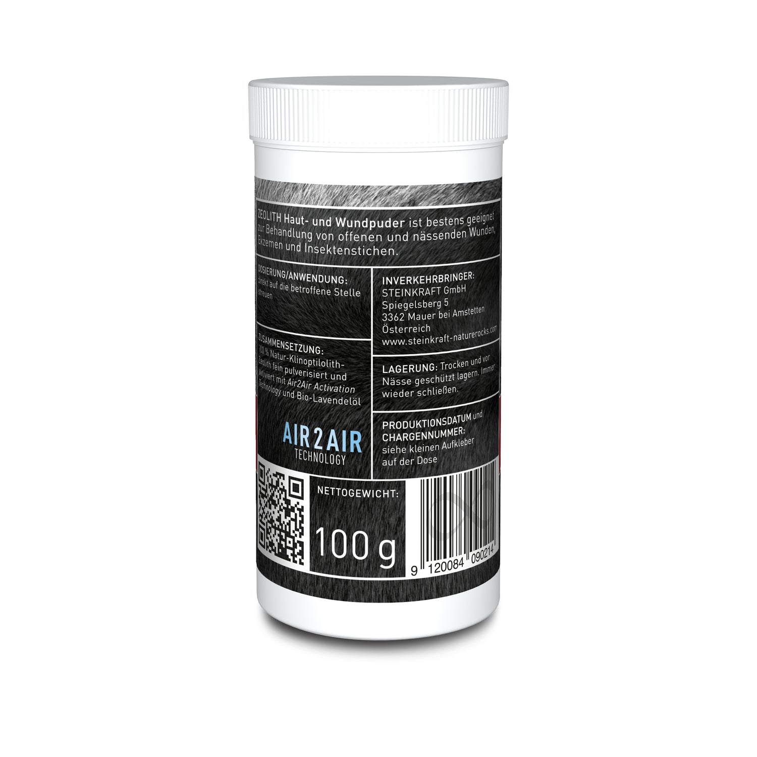 STEINKRAFT Zeolith Puder mit BIO Lavendelöl zur Unterstützung der Wundheilung für alle Tiere - Streudose 100g - Rückseite