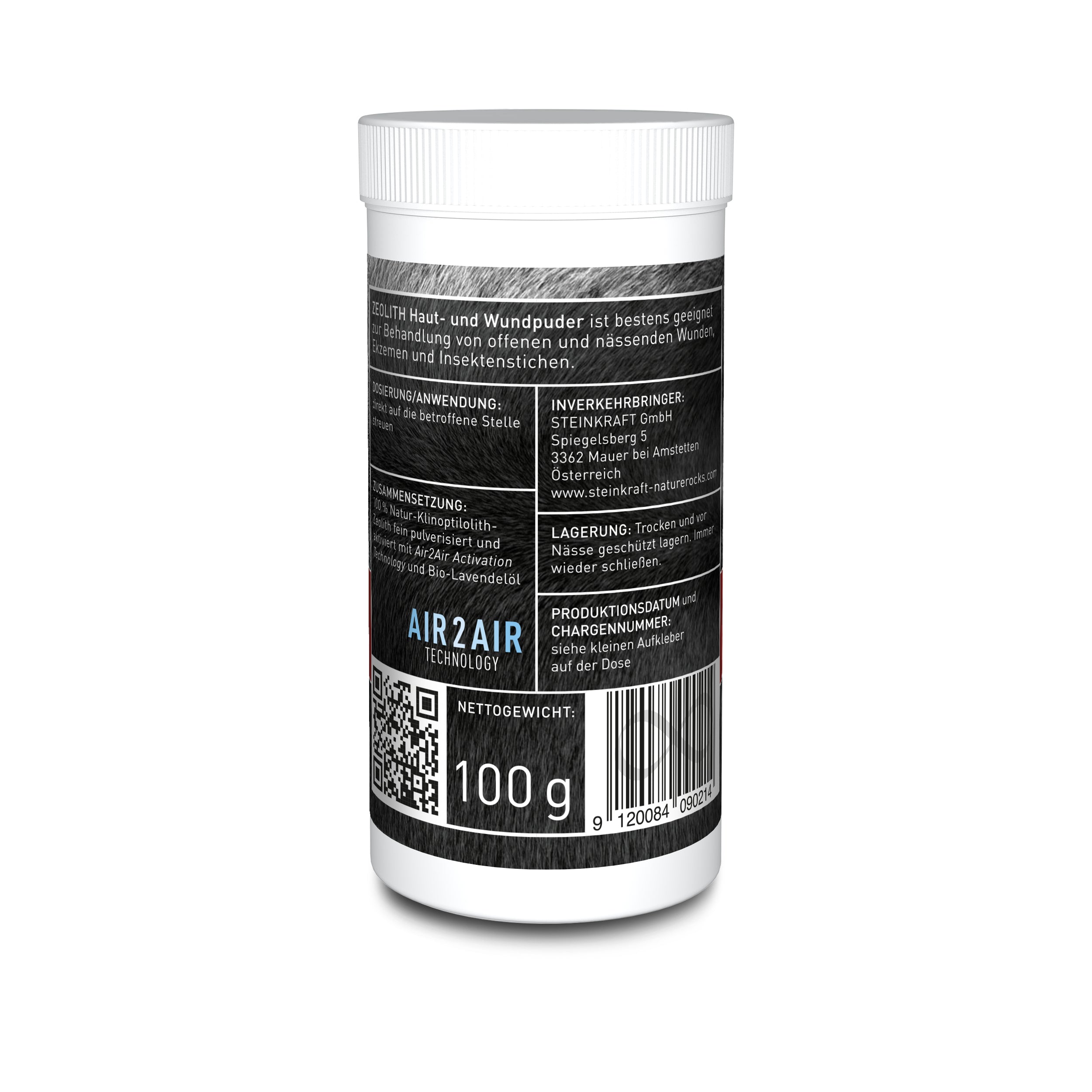 STEINKRAFT Zeolith Puder mit BIO Lavendelöl zur Unterstützung der Wundheilung für alle Tiere - Streudose 100g - Rückseite